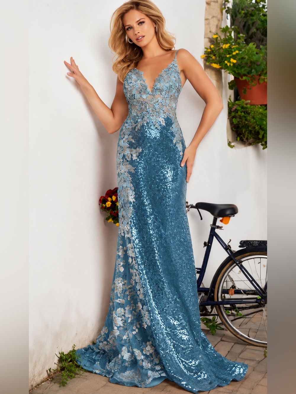 NWT SIZE 4 Jovani Blue Sequin Floral Appliqué Gown Prom Formal Pageant Dress - Picture 2 of 6